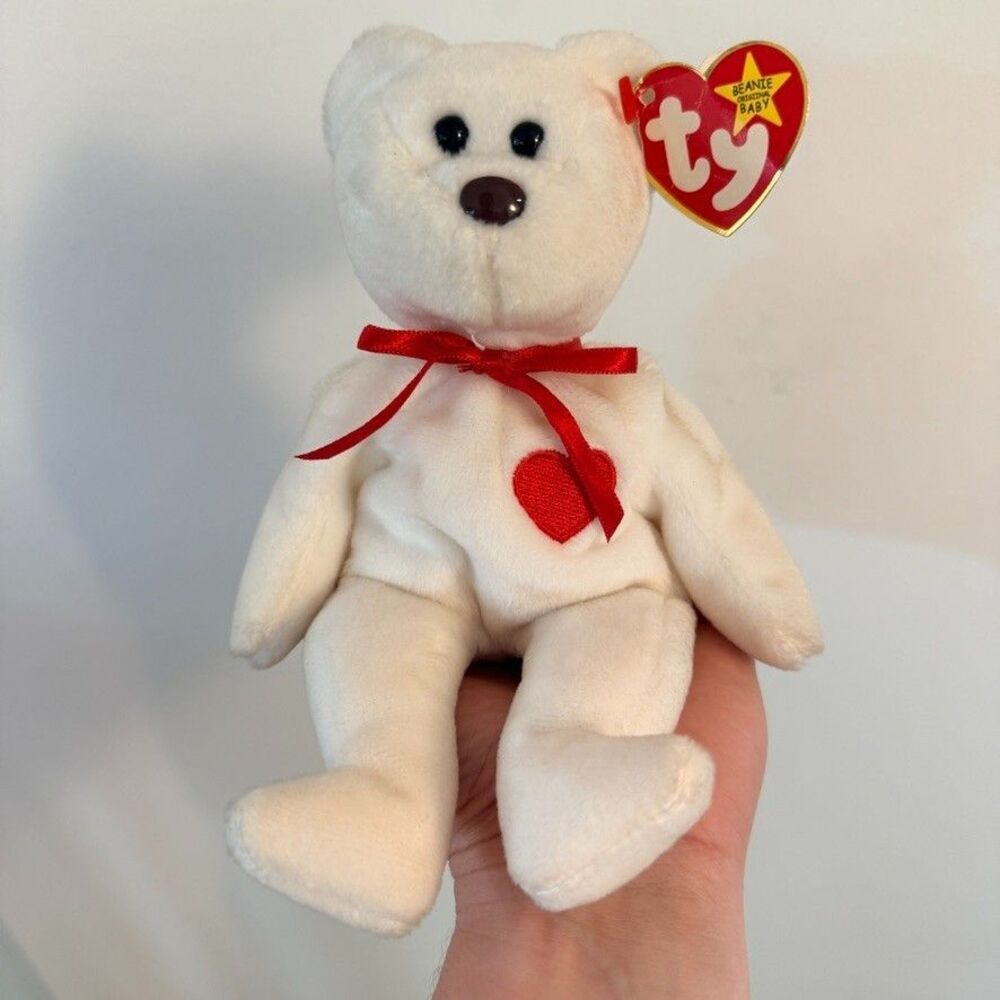 TY Original 1993 Beanie Baby Valentino Bear, Brown Nose TAG ERRORS PVC Pellets